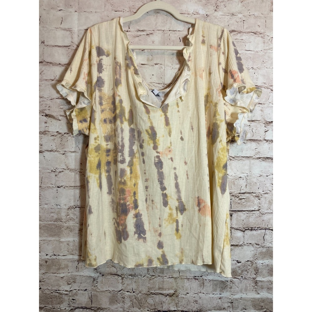 NEW True Craft Top Womens 4X Ivory Cream Tie Dye Ruffle Neck Lightweight‎ Beachy